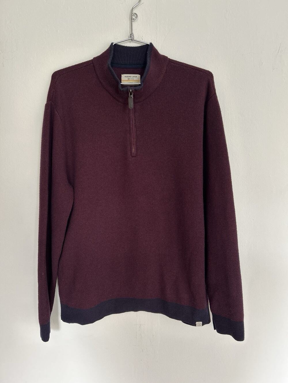 Marine Layer Re-Spun Myers 1/4 Zip Sweater Pullover Navy Burgundy Mens Large